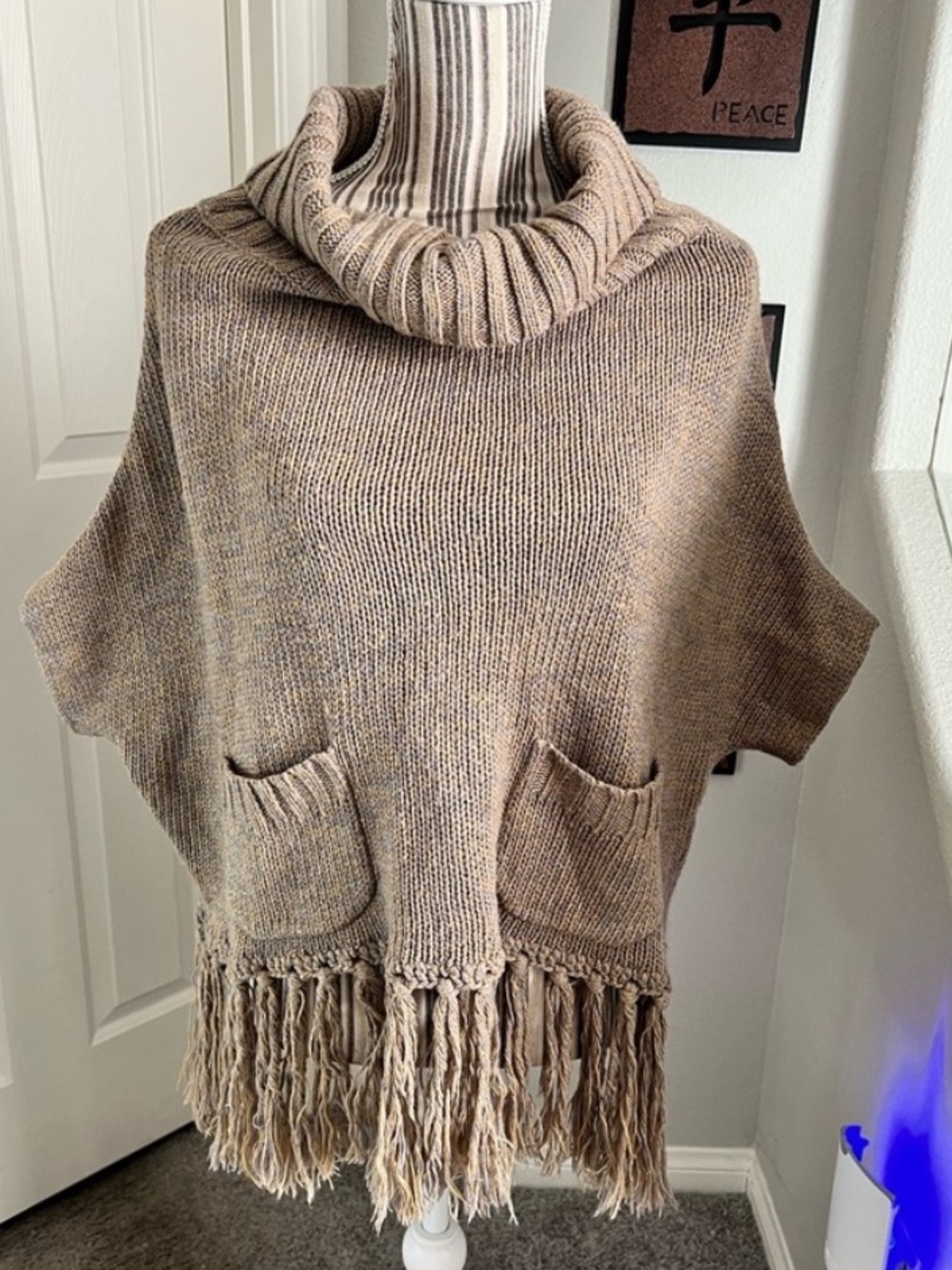 Carina Oversized Camel Cowl Neck Poncho Fringe Dolman
Sleeve Sweater